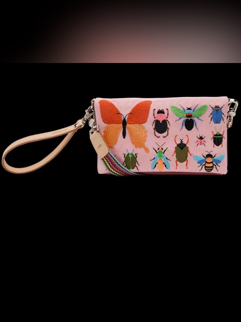 Consuela Pink Embroidered Insect Wristlet Clutch